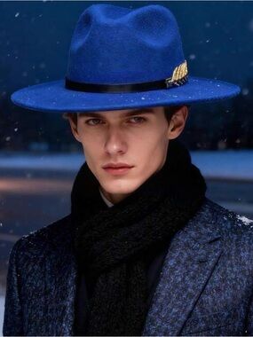 Men’s blue fedora gold feather band